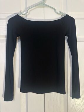 Enza Costa Black Long-Sleeve Ribbed Boatneck Top